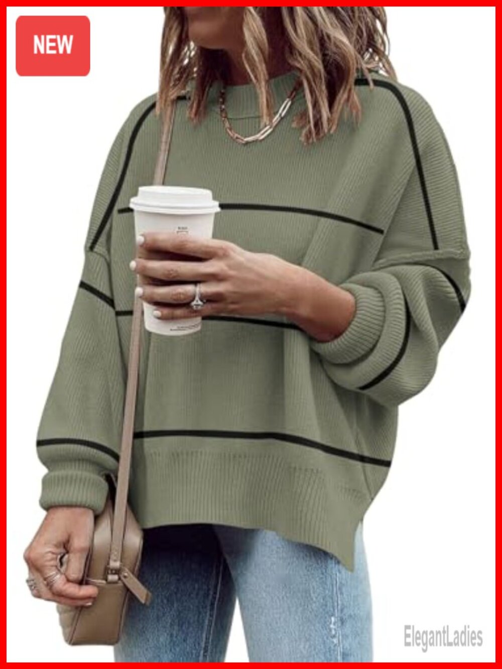 Oversized Ribbed Pullover Sweater with Side Slit & Batwing Sleeves